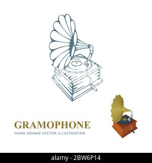 Gramophone. Illustrazioni vettoriali realistiche e disegnate a mano da Gramophone. Disegno di schizzo della vista laterale del vecchio gramofono. Concetto di musica retrò. Parte del set. Illustrazione Vettoriale