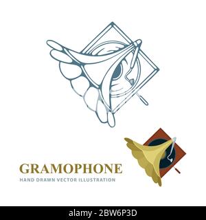 Gramophone. Illustrazioni vettoriali realistiche e disegnate a mano da Gramophone. Vecchio disegno di schizzo della vista superiore del gramofono. Concetto di musica retrò. Parte del set. Illustrazione Vettoriale