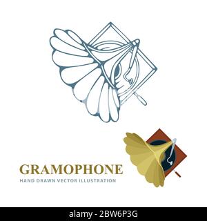 Gramophone. Illustrazioni vettoriali realistiche e disegnate a mano da Gramophone. Vecchio disegno di schizzo della vista superiore del gramofono. Concetto di musica retrò. Parte del set. Illustrazione Vettoriale