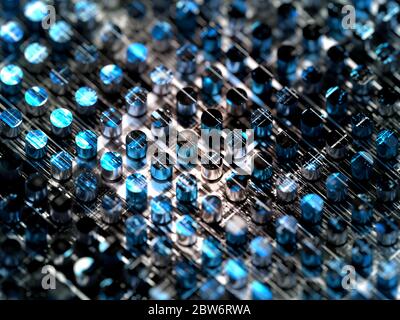 Primo piano su una scheda per computer quantistica blu futuristica e dal design, realizzata in piccoli cilindri metallici, con profondità di campo Foto Stock