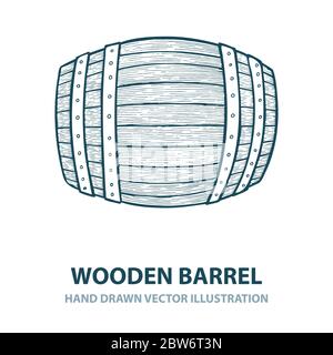 Barile. Illustrazione vettoriale del cilindro di legno disegnato a mano in stile di incisione. Whisky, vino o barile di birra d'epoca. Parte del set. Illustrazione Vettoriale