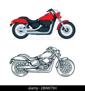 Moto vettore realistico e mano disegnata illustrazioni set. Moto su sfondo bianco. Moto vintage chopper. Illustrazione Vettoriale
