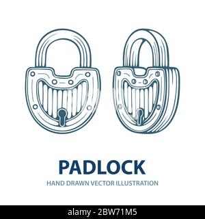 Lucchetto. Set di illustrazioni vettoriali con lucchetti disegnati a mano. Disegno di schizzo con lucchetto in stile retrò. Parte del set. Illustrazione Vettoriale