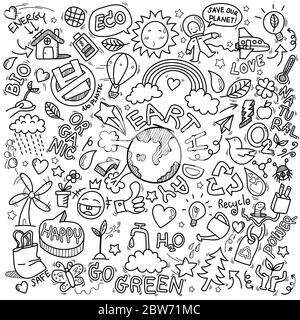 Mano disegnata di giorno della Terra, Ecologia , andare verde, pulito potere doodle insieme isolato su sfondo bianco, doodles disegno illustrazione vettore Illustrazione Vettoriale