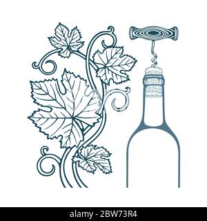 Illustrazione di vite e foglie di uva, cavatappi, sughero e bottiglia di vino. Parte del set. Illustrazione Vettoriale