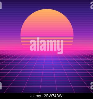 Vaporonda di fondo retrò futuristico. Griglia a onda sintetica geometrica al neon, spazio luminoso con sole che tramonta. Illustrazione Vettoriale