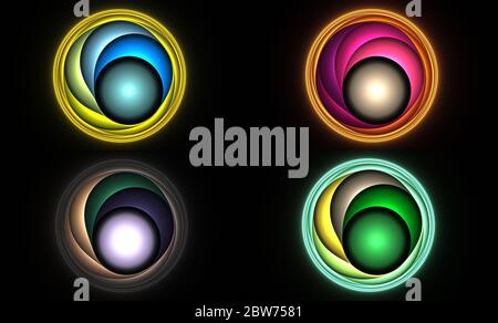 Blu e giallo, rosa, verde, viola, marrone, righe frattali rotonde astratte su nero Foto Stock