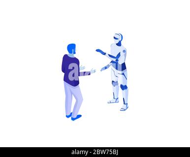 Comunicazione web con concetto isometrico bot chat. Uomini di dialogo online con intelligenza artificiale. Illustrazione Vettoriale