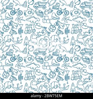 Giocattoli disegno a mano senza cuciture modello. Giochi disegno di disegni di disegni infiniti texture. Fondo infantile. Parte del set. Illustrazione Vettoriale