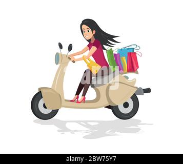 donna che guida uno scooter con borse dopo lo shopping Illustrazione Vettoriale