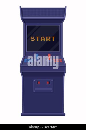 Macchina per giochi Arcade inclusa. Console di gioco retro blu con schermo nero e inizio iscrizione. Illustrazione Vettoriale