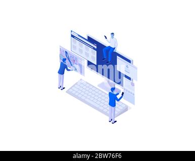Concetto di social isometrica per l'analisi dei big data. Informazioni globali sulla portata delle persone, analisi dei diagrammi delle onde. Illustrazione Vettoriale