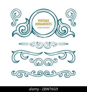 Set di ornamenti vintage. Elementi decorativi vettoriali floreali disegnati a mano con incisioni. Parte del set. Illustrazione Vettoriale
