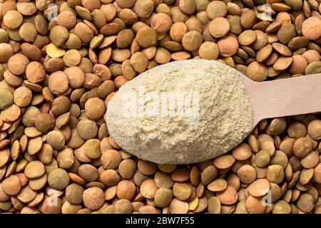 Cucchiaio di farina di lenticchie secche sopra le lenticchie brune secche. Vista dall'alto. Foto Stock