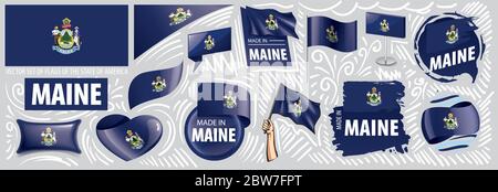 Insieme vettoriale di bandiere dello stato americano del Maine in diversi disegni Illustrazione Vettoriale
