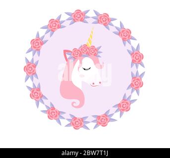 Carino unicorn, stile moderno cartone animato. Pony fata con fiori. Illustrazione vettoriale Illustrazione Vettoriale