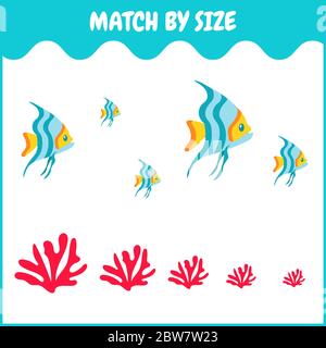 Giochi educativi per bambini corrispondenti. Abbina oggetto alla dimensione. Illustrazione Vettoriale