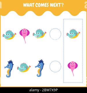 Vettore Cartoon illustrazione del completamento del pattern. Attività educativa per bambini in età prescolare con animali marini. Illustrazione Vettoriale