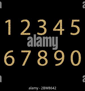 Set di numeri disegnati a mano con effetto glitter dorato, figure isolate su sfondo nero. Illustrazione vettoriale Illustrazione Vettoriale