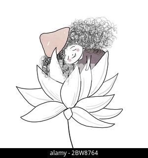 Ragazza carina con un sonno ricciolo su un fiore petali e sogni:carta design:stampa per t-shirt o cuscino di copertura Foto Stock