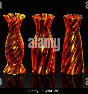 Tre diversi tipi di vasi stampati in 3d in materiale oro Foto Stock