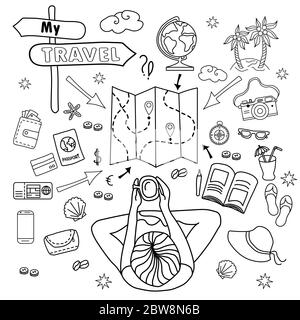 Il mio viaggio. Doodle Set di doodles vettoriali lineari per viaggiare con l'uomo seduto, la ragazza. Concetto di viaggio su sfondo bianco: Pianificazione, percorso, mappa Illustrazione Vettoriale