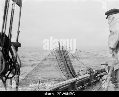 Una flotta di gamberetti con le loro reti pronte a cadere con il set di briglie . 1936 Foto Stock