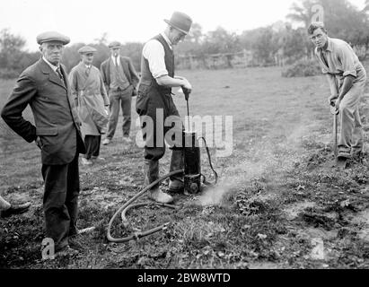 I controllori di parassiti riempiono i burrows del coniglio dopo l'iniezione nel cianogas velenoso. 1936 Foto Stock
