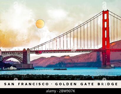 San Francisco Golden Gate Bridge - architettura City Bay Landscape Illustration - Colorful Abstract Art Drawing Foto Stock