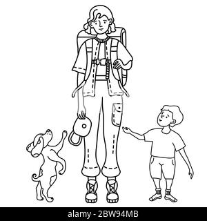 Famiglia di doodles per disegni lineari. Ragazza in pantaloni con tasche e con uno zaino dietro la schiena per viaggiare in un cappuccio. In piedi accanto a un bambino Illustrazione Vettoriale