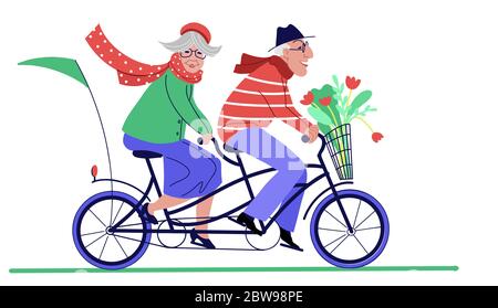 Una coppia anziana attiva che cavalcano una bicicletta tandem. Uno stile di vita sano, uomo e donna che fanno sport. Illustrazione vettoriale Cartoon Flat Illustrazione Vettoriale