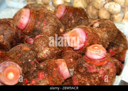 Big Island delle Hawaii ha mercato settimanale contadini. Questo gruppo di taglio fresco, radice di taro è accatastato e pronto per la vendita. Foto Stock