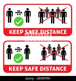 Set di 2 messaggi colorati di social distancing. Mantenere una distanza di sicurezza, evitare gruppi e riunioni, allenarsi a 2 metri o 6 piedi di distanza da altri. vect Illustrazione Vettoriale