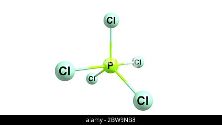 Il pentacloruro di fosforo è il composto chimico di formula PCL5. È uno dei cloruri di fosforo più importanti. illustrazione 3d Foto Stock