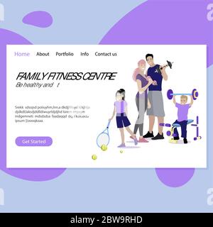 Centro fitness per famiglie. Essere sani e in forma. Madre padre con figli figlio e figlia che fanno sport. Comportamento sano, presentazione sito di pagina palestra o p Illustrazione Vettoriale