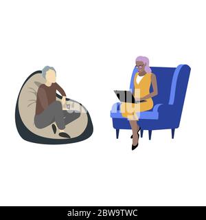 Aiuto psicologico, lotta con paure e fobie. Paziente che dice lo psichiatra circa problema, la consultazione psicologica, risolvere il groviglio e la gestalt. Ve Illustrazione Vettoriale