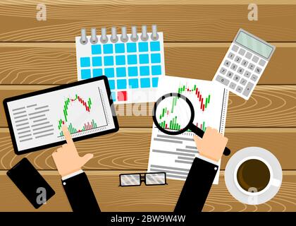 Luogo di lavoro del commerciante, analizzando il candlestick del grafico di scambio. Analisi crescita finanziaria, diagramma analitico bancario. Tavolo per il commercio sul posto di lavoro. Illus vettore Illustrazione Vettoriale