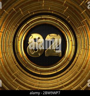 Numero d'oro 82 (numero ottantadue) con fondo in metallo nero traforato e anelli d'oro intorno. Illustrazione 3D Foto Stock