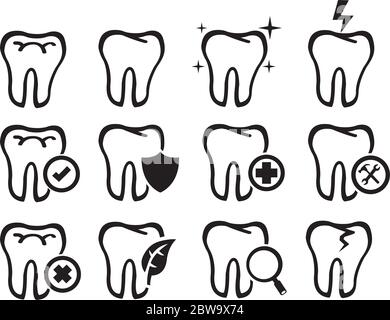 Set di dodici illustrazioni vettoriali dei denti molari umani con simboli concettuali isolati su sfondo bianco per il concetto di salute dentale e di cura orale. Illustrazione Vettoriale