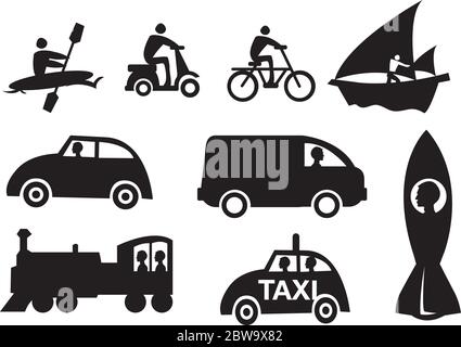 Icone vettoriali di diverse modalità di trasporto in nero isolate su sfondo bianco. Illustrazione Vettoriale