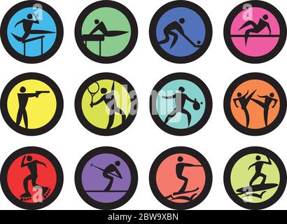 Icone vettoriali circolari per diversi concorsi sportivi e giochi isolati su sfondo bianco. Illustrazione Vettoriale