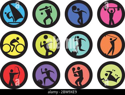 Badge rotondi con persone che fanno sport e attività ricreative design. Icone vettoriali isolate su sfondo bianco. Illustrazione Vettoriale