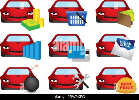 Illustrazione vettoriale di auto rossa brillante con simboli commerciali per l'industria automobilistica. Icona impostata su sfondo bianco. Illustrazione Vettoriale