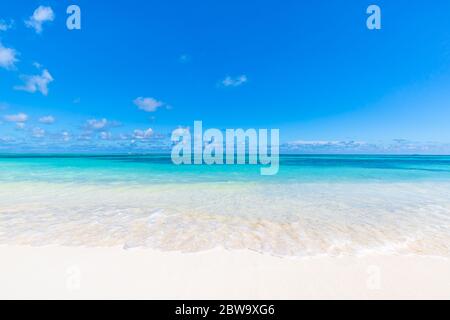 Costa tropicale, cielo di sabbia marina e paesaggio estivo. Onde morbide che si spridono sulla laguna turchese con vista sull'oceano. Spiaggia esotica Foto Stock