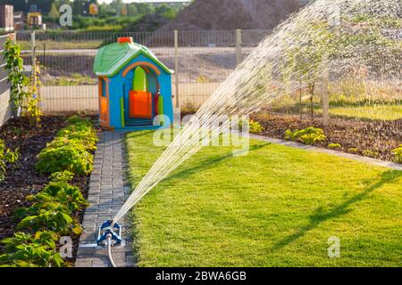 Giardinaggio - sistema automatico di irrigazione per il nuovo prato fresco Foto Stock