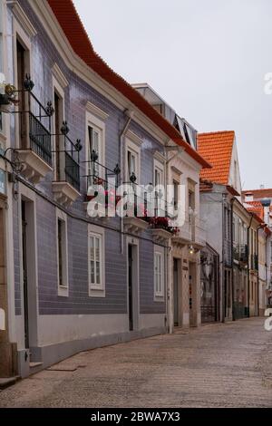 Strada con case tradizionali con piastrelle 'Azulejos' facciata a Aveiro, Portogallo Foto Stock