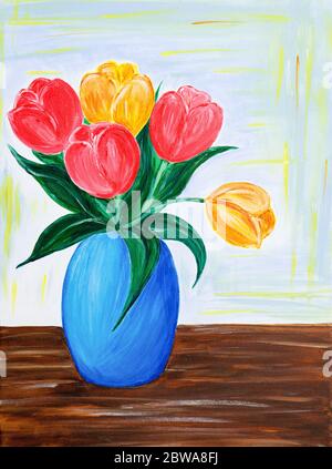 Originale pittura acrilica di fiori freschi bouquet.tulipani rossi e arancioni in un vaso su tela.Impressionismo moderno, modernismo, marinismo Foto Stock