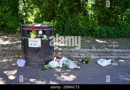 Brighton UK 31 maggio 2020 - un traboccante cestino di rifiuti di cani nel Queens Park Brighton in una bella giornata di sole durante la crisi pandemica di Coronavirus COVID-19 . Credit: Simon Dack / Alamy Live News Foto Stock