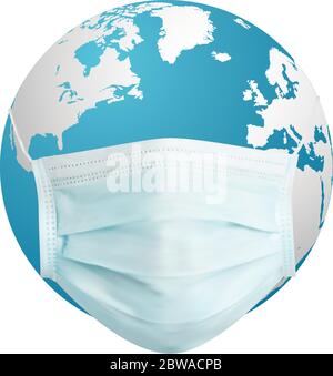 Pianeta Terra in maschera medica. Isolato su sfondo bianco. Vettore realistico. Illustrazione Vettoriale