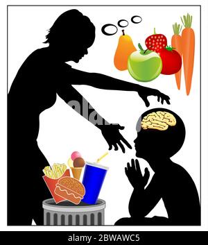 Madre cercando il controllo mentale per passare il suo bambino dalla spazzatura al cibo salutare, a frutta e verdura invece di bevande analcoliche, dolci, hamburger. Foto Stock